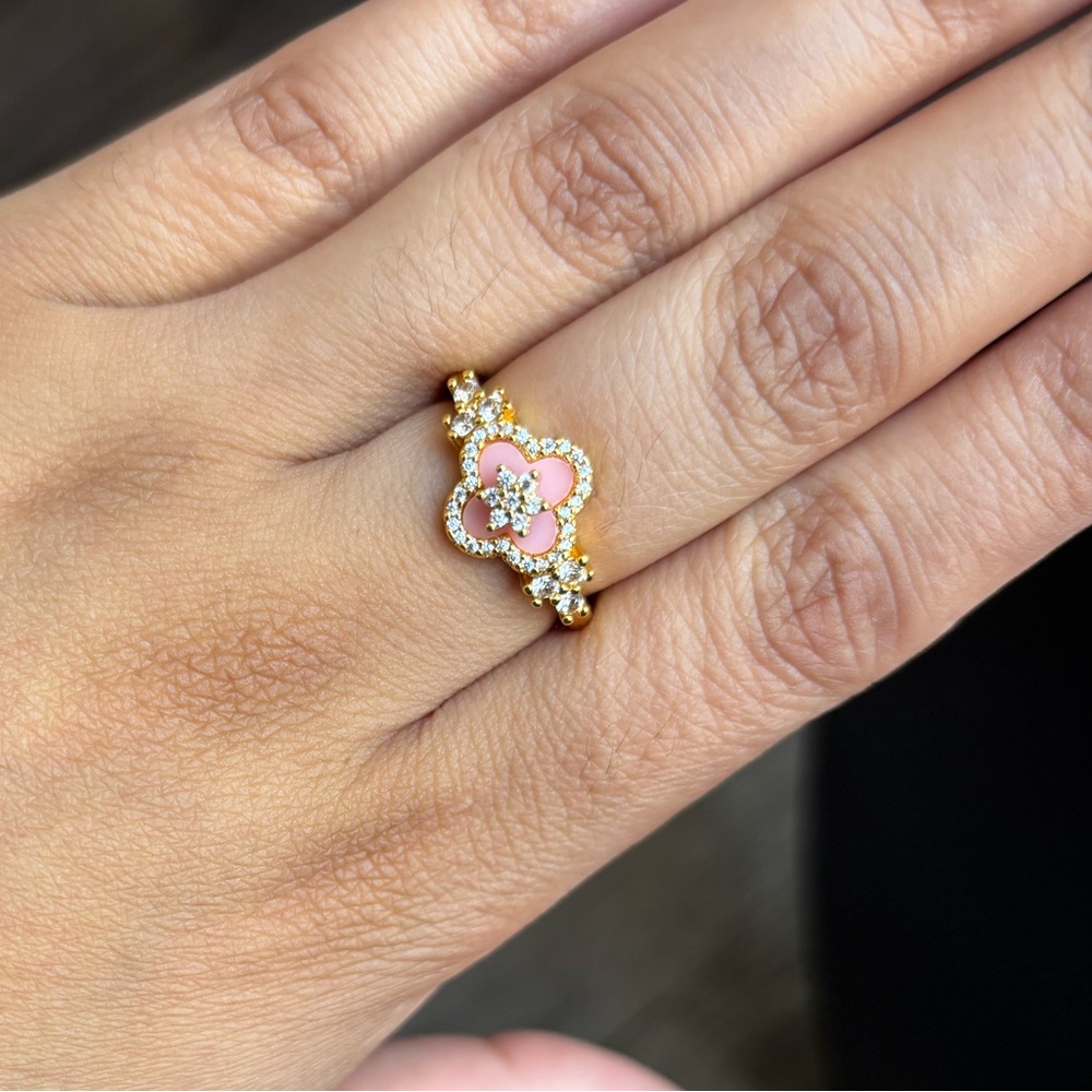 New Gold Cubic Zirconia Stainless Steel Enamel Pink Flower Adjustable Ring